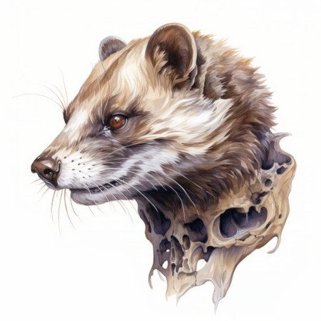 an animal, in the style of hyperrealistic wildlife portraits, gazes at a skull in this colored cartoon-style drawing. inspired by the works of sofonisba anguissola, the artist skillfully combines fluid brush strokes with realistic details, reminiscent of bill watterson's style. the hand-painted details add depth and intricacy to this captivating artwork. ai generatedの素材