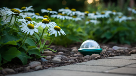 a garden light illuminates a vibrant yellow flower garden, surrounded by dark green and light aquamarine hues. the c-mount lens captures the scene with exacting precision, showcasing the eco-friendly craftsmanship of the light. the bloomcore and luminous spheres create a futuristic optical effect, adding a touch of enchantment to the garden. ai generatedの素材