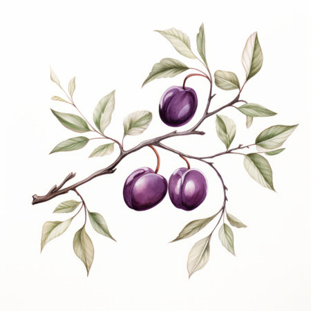 white background with two purple cherries on branches, reminiscent of historical paintings. the simple yet colorful illustrations feature soft watercolors in shades of dark purple and light gray. the detailed miniatures showcase a beautiful contrast between dark maroon and light green, creating captivating painted illustrations. ai generatedの素材