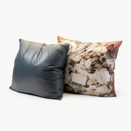 two pillows and a pair of books are placed side by side in this unique photograph. the composition showcases a creative style, resembling objects made from recycled materials. the image is a digital print with a tabloid photography aesthetic, capturing the essence of site-specific works. the pillows are made of leatherhide, adding a touch of luxury to the scene. the high-resolution image allows for detailedの素材