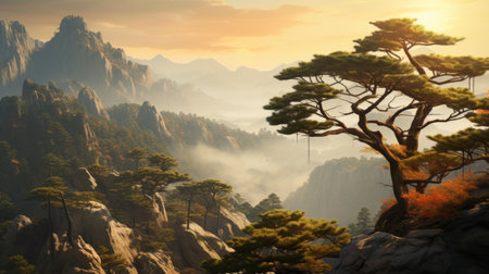 a scenic view of a mountain and tree background in a digital world, reminiscent of the artistic style of the northern and southern dynasties. created using unreal engine 5, this asian-inspired scene captures the harmonious balance of nature. the color palette features light brown and yellow tones, reflecting the essence of confucian ideology. ai generatedの素材