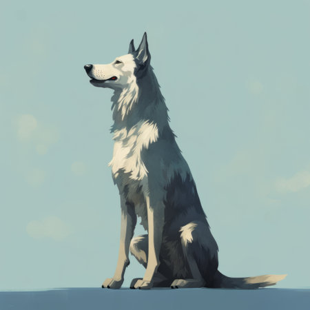 a majestic wolf, captured in a side view shot, showcases a big dane with a happy expression and sitting posture. the illustration, reminiscent of oliver jeffers' style, exudes a vintage book illustration charm. this detailed and magical artwork, rendered in high-definition 8k, combines elements of magic realism and storybook illustration, making it a captivating piece of official digital art. ai generatedの素材