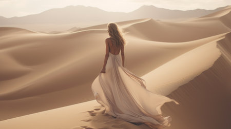 a woman in a white dress gracefully walks through a sandy area, surrounded by soft, blended colors. the style of the photo is wild and daring, with a solarizing master touch. the flowing fabrics of her dress add to the adventure-themed atmosphere. the combination of dark beige and white creates a stunning visual contrast. ai generatedの素材