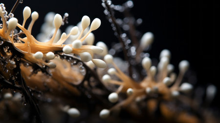 a close-up portrait photograph showcasing the godly realism of unknown shigella biological virus alien flowers. the image captures the brittle yet beautiful and elegant nature of these flowers, with vivid contrast and depth of field. shot on a 100mm lens at f/2.0, the photo exhibits rich black tones and crisp details. the natural lighting adds to the realistic and impressive quality of this 8k uhdの素材