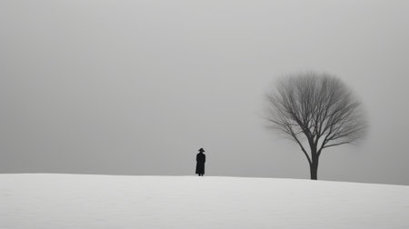 a man stands alone in an icy environment, surrounded by a single tree. this minimalist monochromatic landscape photograph captures the essence of liu ye's style, with its gothic black and white tones. the 8k resolution enhances the mysterious elegance of the scene, evoking a sense of midwest gothic. the image also showcases elements of color field minimalism. ai generatedの素材