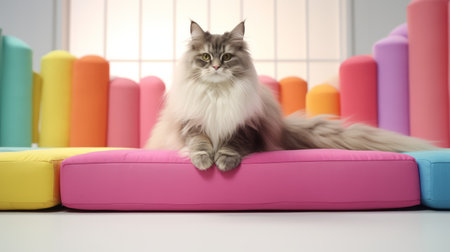 norwegian forest cat playing in candy-colored bed with light upholstered plywood frame. home environment, low height, white background. high detail, 4k, high definition image. ai generatedの素材