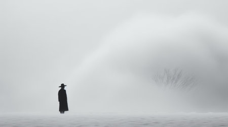 an old person, reminiscent of cowboy imagery, walks through the fog or snow in a sci-fi noir setting. the 8k resolution captures the minimalistic serenity of the scene, while the wandering eye adds a touch of intrigue. this dark and brooding designer photo is truly breathtaking in its beauty. ai generatedの素材