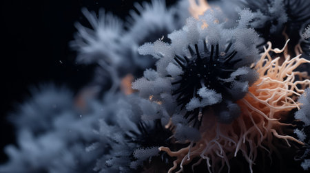 a close-up portrait photograph showcasing the godly realism of unknown bacteroides fragilis biological virus alien flowers. the image captures the brittle yet beautiful and elegant nature of these flowers, with vivid contrast and depth of field. shot on a 100mm lens at f/2.0, the photo exhibits rich black tones and crisp details. the natural lighting adds a realistic and impressive touch to this 8k uhdの素材