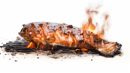 a roasted eel sizzling on a burner, captured in a detailed feather rendering style reminiscent of bert stern's work. this high-definition image showcases the unique aesthetic of caninecore, enhanced through post-processing techniques. the composition is characterized by strong lines and a cutripped presentation, adding to the visual appeal of this captivating photograph. ai generatedの素材