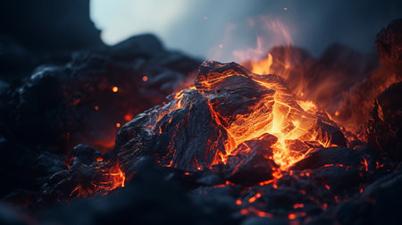 a stunning red and dark lava background with a black backdrop, resembling a rendered scene in unreal engine. this tilt-shift photograph showcases the mesmerizing beauty of hyperrealistic illustrations. the energy-filled and hyper-detailed renderings create a realistic and captivating visual experience. ai generatedの素材