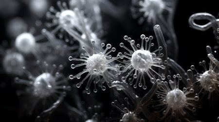 a close-up portrait photograph showcasing the intricate details of unknown shigella biological virus alien flowers. the image captures the brittle yet beautiful essence of these flowers, with dry and elegant petals. the rich and vivid contrast, along with the depth of field and black tones, creates a crisp and realistic depiction. shot on a 100mm lens at f/2.0, the photo benefits from natural lighting, resultingの素材
