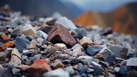 large pile of rocks and stones in a soft-edged, blurred style featuring light maroon and dark gray hues. the photo showcases bold and vibrant primary colors, with hints of dark bronze and light azure. captured with the high-quality carl zeiss distagon t 15mm f/2.8 ze lens, the image exhibits a captivating contrast between light orange and dark gray tones. ai generatedの素材