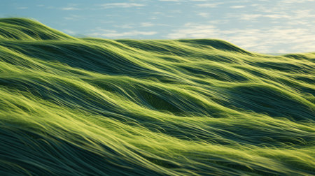 3d grass tufts on the field create a mesmerizing scene reminiscent of ethereal seascapes. the futuristic chromatic waves, captured with the sony fe 12-24mm f/2.8 gm lens, add a touch of surrealism to the hyperrealistic landscape. this digitally enhanced image by alex andreev showcases the flowing fabrics of nature in a captivating manner. ai generatedの素材