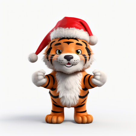 3d cartoon tiger wearing a christmas hat, depicted in a photorealistic rendering style, against a white background. the tiger is captured in theatrical gestures, showcasing its playful and animated nature. this image, reminiscent of flickr, features selective focus and showcases the skillful use of rendering techniques such as vray. the tiger's depiction is enhanced by the inclusion of inclement weather, adding depth and atmosphere toの素材