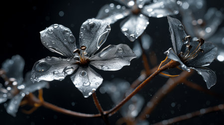 a close-up portrait photograph showcasing the godly realism of unknown proteus mirabilis biological virus alien flowers. the image captures the brittle yet beautiful and elegant nature of these flowers, with vivid contrast and depth of field. shot on a 100mm lens at f/2.0, the photo exhibits rich black tones and crisp details. the use of natural lighting adds to the realistic and impressive quality ofの素材