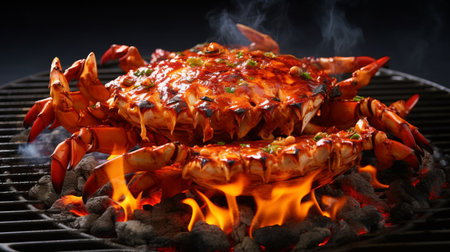 a crab is seen on a cooking grill, showcasing the intense atmosphere of larme kei and carnivalcore. the image combines dark orange tones with a blend of natural and man-made elements. this uhd image captures the spiky mounds, creating a visually striking composition. ai generatedの素材