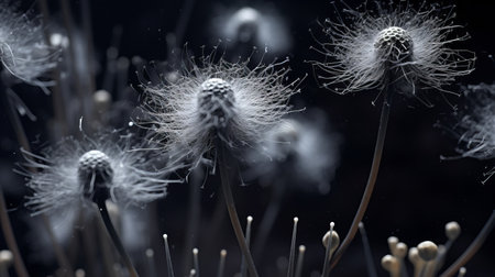 a close-up portrait photograph showcasing the godly realism of unknown aspergillus fumigatus biological virus alien flowers. the image captures the brittle yet beautiful and dry elegance of the flowers, with rich and vivid contrast. shot on a 100mm lens at f/2.0, the photo exhibits a crisp and impressive depth of field, enhanced by natural lighting. this realistic and stunning 8k uhd image is a visualの素材