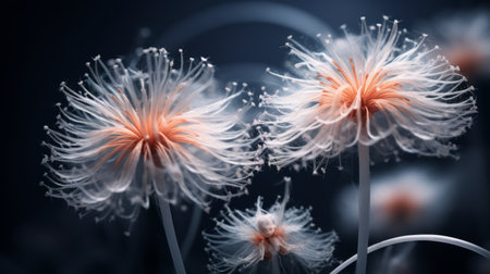a close-up portrait photograph showcasing the godly realism of unknown aspergillus fumigatus biological virus alien flowers. the image captures the brittle yet beautiful and dry elegance of the flowers, with rich and vivid contrast. shot on a 100mm lens at f/2.0, the photo exhibits a crisp depth of field with striking black tones. the natural lighting adds to the realistic and impressive quality of theの素材