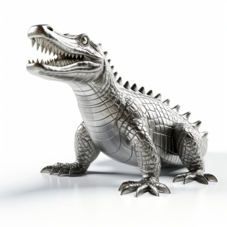 metal alligator figurine: this unique, cartoonistic alligator figurine showcases an innovative blend of vray tracing and xbox 360 graphics. with a light silver and white color scheme, the figurine features a strong facial expression and an exotic realism. this uhd image captures the intricate details of this unconventional piece using cutting-edge techniques. ai generatedの素材