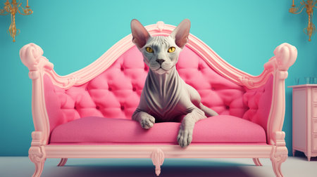 a sphynx cat joyfully plays in a candy-colored bed with a light upholstered plywood frame. the bed, set in a cozy home environment, features a low height and a white background. this high-detail, 4k, and high-definition image captures the playful spirit of the sphynx amidst vibrant colors and a comfortable setting. ai generatedの素材