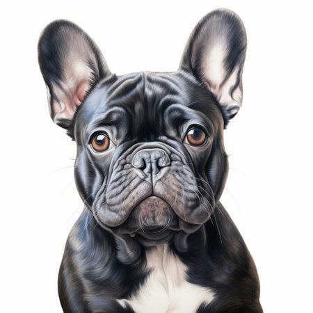 a black chihuahua and french bulldog are depicted in a hyper-detailed portrait painting. the painting showcases a realistic rendering with a colored cartoon style. the artwork is presented in 32k uhd resolution, against a white background. the artist has skillfully colorized the piece, capturing the realistic depictions of the dogs' forms. the color palette includes dark white and light navy tones. ai generatedの素材