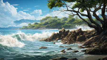 coastal scene on ocean cliff with trees in background, rendered in hyperrealistic style using maya. the marine painter captures the beauty of the reefwave, while the detailed environments and neogeo elements add depth. this romantic riverscape transports viewers to a serene coastal oasis. ai generatedの素材