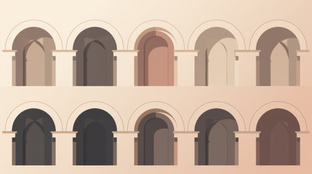 a vector illustration of various arches and arches of arches, featuring a dark and muted color palette. the minimalist compositions showcase arched doorways and multi-layered color fields. the artwork is inspired by byzantine-style iconography, with soft color blending in light brown and light black tones. ai generatedの素材