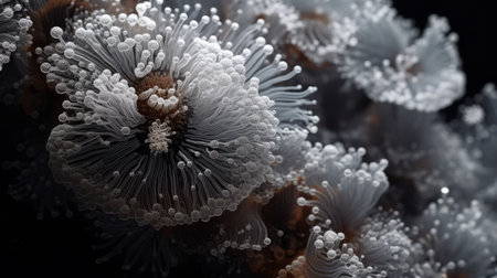a close-up portrait photograph of unknown escherichia coli biological virus alien flowers. the photo showcases the brittle and beautiful flowers, with dry and elegant features. the rich and vivid contrast, along with the depth of field and black tones, create a crisp and impressive image. shot on a 100mm lens with an aperture of f/2.0, the natural lighting adds a realistic touch to this 8kの素材
