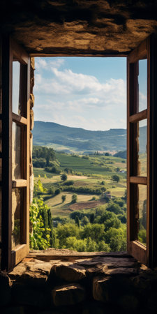 an open window reveals a breathtaking view of the forest, reminiscent of the picturesque italian landscapes. this villagecore scene captures the essence of nature's beauty, as seen through the lens of a national geographic photographer. the uhd image showcases the stunning details of the romanesque and romantic landscapes, beautifully captured with the tokina at-x 11-16mm f/2.8 pro dx ii lens. ai generatedの素材