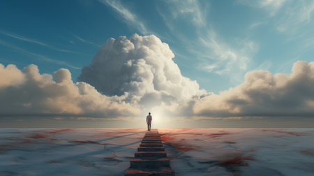 a person stands atop a massive step, reaching towards the sky above. this moody tonalist image captures the essence of multidimensional landscapes with its light crimson and light azure hues. the 8k resolution showcases the intricate details of the ethereal cloudscapes, creating a passage into a world filled with humanistic empathy. ai generatedの素材