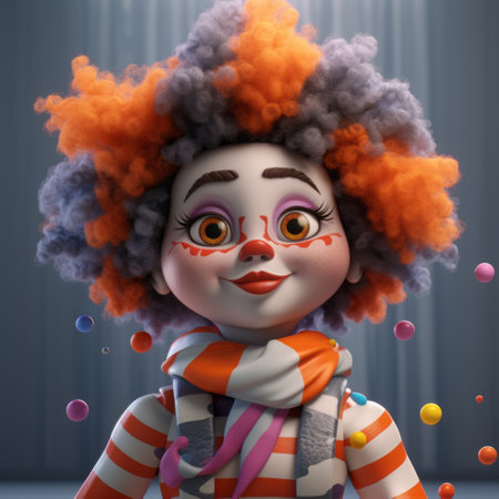 a cartoon child with an orange afro hair and striped pants is depicted in this vibrant and playful image. created in the style of vray tracing and unreal engine 5, the artwork showcases a combination of playful femininity and clowncore aesthetics. the light violet and gray color palette adds a touch of whimsy to this high-definition still-life composition. ai generatedの素材