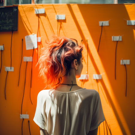 close up rear view of a woman with hair pins against a painted wall. the soft and pale color scene is enhanced by a unique orange flare, inspired by pentax67 photography. the image is captured with a 35mm lens focal length, f/1.4 aperture, iso 100, and a fast shutter speed of 1/8000 sec. the composition exudes a magazine cover style, showcasing minimalist fashion in aの素材