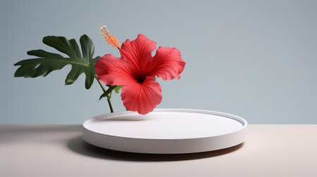a white plate with a vibrant hibiscus flower, showcasing industrial and product design influences. this 8k 3d image features minimal retouching and a minimalist stage design, utilizing forced perspective. the light red hue adds a touch of warmth, while the singular focus on the flower creates a captivating visual. ai generatedの素材