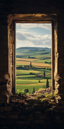 deserted house with an open window, showcasing italian landscape style. the lush background features emerald and beige hues, reminiscent of national geographic photos. the composition evokes the essence of sandro botticelli's art, with a celebration of rural life. the photo captures the beauty of green and amber tones, merging nature and architecture seamlessly. ai generatedの素材