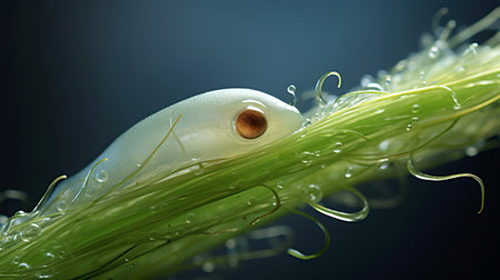 a crawler from the plant, depicted in a captivating 3d illustration freebie, showcases shiny eyes and mesmerizing marine scenes. this artwork, inspired by the style of zeiss milvus 25mm f14 ze lens, beautifully captures the flowing textures and intricate details of the crawler. the macro photography highlights the ivory-colored body and creates a bombacore visual experience. ai generatedの素材