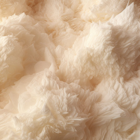 foamy blobs on grass, resembling attention to fur and feathers texture, showcase a combination of light beige and beige tones. the creased, crinkled, and wrinkled appearance adds depth to the exquisite clothing detail. these digitally manipulated images create atmospheric installations with an ivory color scheme. ai generatedの素材