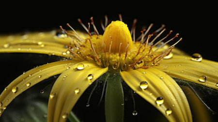 a yellow flower, reminiscent of the style of peter holme iii, is captured in stunning detail with water droplets glistening on its petals. this captivating image, shot with the zeiss batis 18mm f2.8 lens, showcases the polished craftsmanship and artistic vision akin to georg jensen and george catlin. immerse yourself in the beauty of nature through this mesmerizing photograph. ai generatedの素材