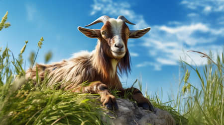 a goat stands on a grassy mound, showcasing a photorealistic rendering with realistic blue skies. the daz3d creation captures the essence of the goat's strong facial expression. the maroon and brown tones add depth to this national geographic-worthy photo. ai generatedの素材