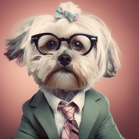 a dog wearing glasses in the style of caras ionut, corporate punk, light pink and light emerald, dolly kei, creased, rinpa school, and elegantly formal. ai generatedの素材