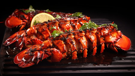 fried lobster with lemon on a barbecue grill, showcasing a black background and traditional chinese style. the image features whiplash curves, glazed surfaces, and subtle ink application reminiscent of hurufiyya art. the vibrant colors of light red and dark green add an enticing visual appeal to this delectable dish. ai generatedの素材
