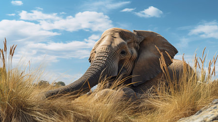 the elephant trunk, in the style of cryengine, showcases photorealistic wildlife art. its grey color contrasts beautifully with the sky-blue and gold tones. rendered in unreal engine, this environmental portraiture captures the essence of the majestic creature. the soft-edged details add a touch of nostalgia reminiscent of ps1 graphics. ai generatedの素材