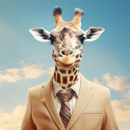 a photorealistic portrait of a giraffe wearing a tie, set against a vibrant blue sky. this comical and figurative artwork, inspired by artists oleg shuplyak and caras ionut, emphasizes the giraffe's facial expression. the majestic composition and wealthy portraiture style make this piece truly captivating. ai generatedの素材