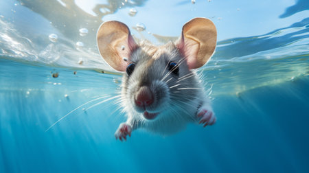 a young brown mouse with yellow antennae swims in shallow water, resembling the action-packed cartoons of caras ionut. the scene is reminiscent of hyperrealistic marine life, with a touch of pipilotti rist's artistic style. the contrasting colors of dark white and light aquamarine create a captivating close-up, reminiscent of the works of beatrix potter. ai generatedの素材