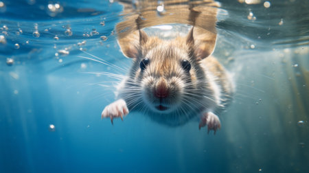 a mouse underwater swimming amidst bubbles, captured in a soft-focus portrait style. the image showcases a blend of light navy and light brown tones, highlighting the intel core processor. this hyperrealist photograph embodies the petcore aesthetic, with elements of the kitsch movement. reminiscent of a national geographic photo, it offers a unique and captivating perspective. ai generatedの素材