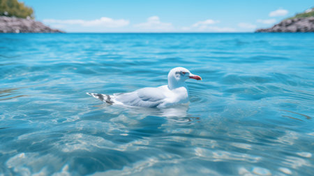 a seagull swimming in a body of water, captured in a photorealistic style with a tilt shift effect. the photo features a light azure and white color palette, enhanced by a solarization effect and bold chromaticity. the naturalistic ocean waves create a surreal and dreamlike atmosphere in this captivating image. ai generatedの素材