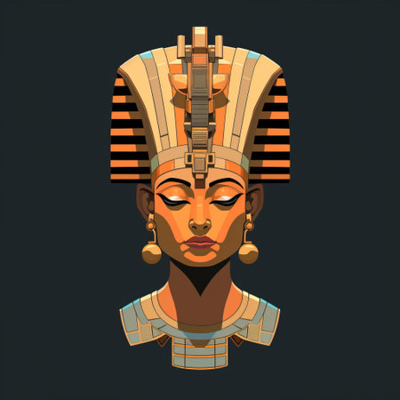 an animated female egyptian queen wearing an egyptian crown is depicted in this hyper-detailed illustration. the artwork showcases a sculptural expression with a combination of dark turquoise and light orange colors. inspired by 2d game art, chiaroscuro portraitures, buddhist art and architecture, this piece also incorporates a grid-based design. ai generatedの素材