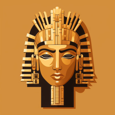 an ancient pharaoh's head design is depicted in this detailed illustration. the artwork showcases a postmodern portraiture style with dark orange and light beige colors. the use of paper cut-outs adds depth to the image, while elaborate gilding enhances its visual appeal. the simplified structures and distinctive character design make this illustration a captivating piece of art. ai generatedの素材
