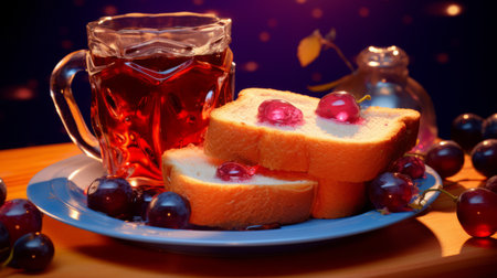 a plate with a variety of fruits and bread is showcased in this uhd image. the photo has a blurred, dreamlike atmosphere with a touch of dark pink and blue hues. the plate is made of glass, adding a unique element to the composition. this enchanting scene has a fairy tale-like quality, reminiscent of yankeecore aesthetics and the vintage charm of an agfa clack camera.の素材
