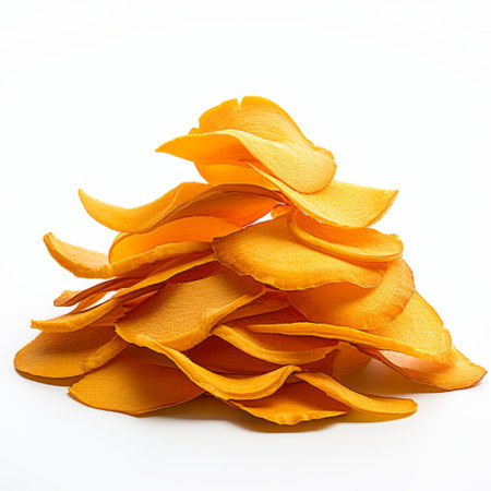 an orange potato chip, with fine lines and delicate curves, sits in a pile on a white background. the chip's vibrant dark yellow and light emerald colors create a visually striking contrast. this captivating photo, captured with a canon eos 5d mark iv, showcases the traditional craftsmanship of the photographer, kimoicore, and can be found on flickr. ai generatedの素材
