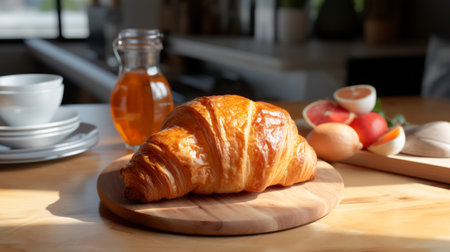 a platter featuring a delectable croissant and a variety of fresh fruits, beautifully captured in the golden light. this captivating image showcases the relatable personality of the dish, highlighting the intricate details of the striated resin veins and highly polished surfaces. taken with the panasonic lumix s pro 50mm f/1.4 lens, the composition exudes a cabincore aesthetic with its light pink and orange tones. aiの素材